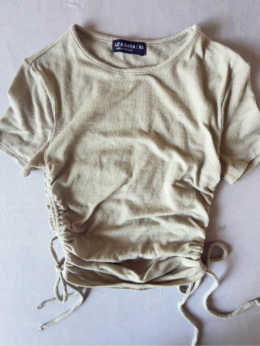 Liz & Sara Olive Ribbed Drawstring Crop Top